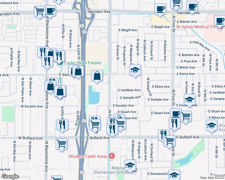 map of restaurants, bars, coffee shops, grocery stores, and more near 6280 North Fresno Street in Fresno