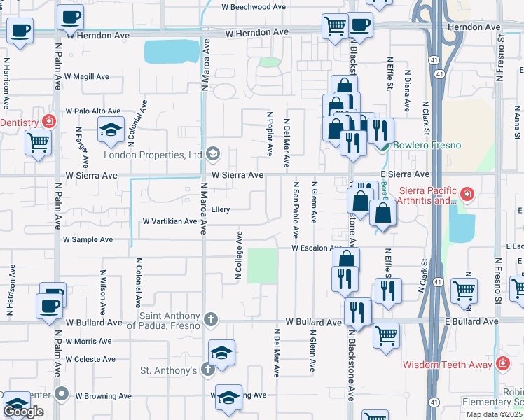 map of restaurants, bars, coffee shops, grocery stores, and more near 254 West Vartikian Avenue in Fresno