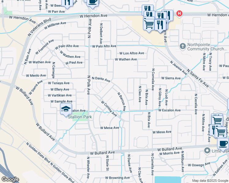 map of restaurants, bars, coffee shops, grocery stores, and more near 6362 North Delbert Avenue in Fresno