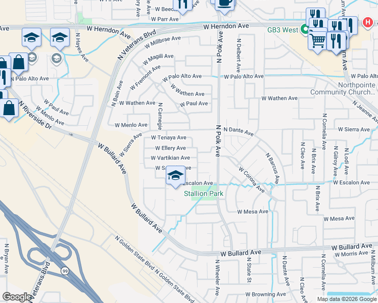 map of restaurants, bars, coffee shops, grocery stores, and more near 5614 West Vartikian Avenue in Fresno