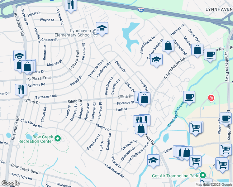 map of restaurants, bars, coffee shops, grocery stores, and more near 336 Dauphin Lane in Virginia Beach