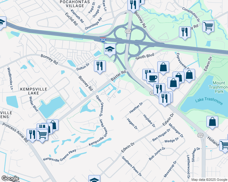 map of restaurants, bars, coffee shops, grocery stores, and more near 436 Babbling Brook Drive in Virginia Beach