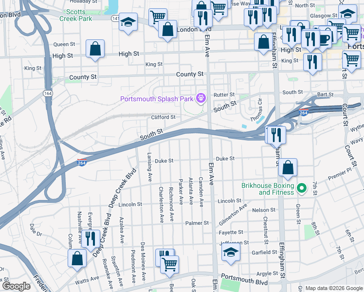 map of restaurants, bars, coffee shops, grocery stores, and more near 1400 Parker Avenue in Portsmouth