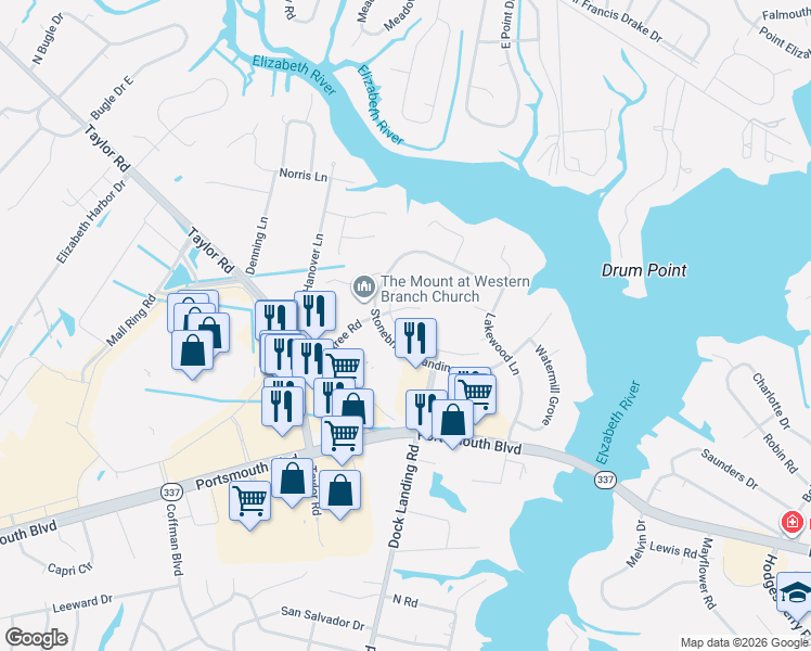 map of restaurants, bars, coffee shops, grocery stores, and more near 2430 Meadows Landing in Chesapeake