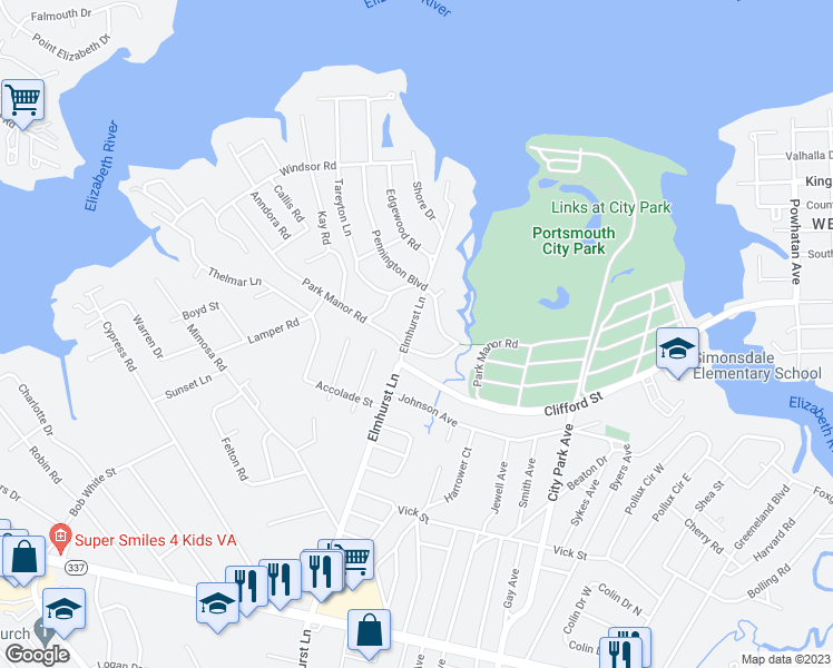 map of restaurants, bars, coffee shops, grocery stores, and more near 321 Elmhurst Lane in Portsmouth