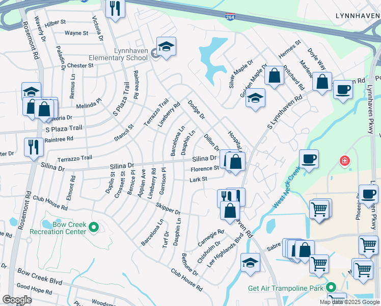 map of restaurants, bars, coffee shops, grocery stores, and more near 336 Dauphin Lane in Virginia Beach
