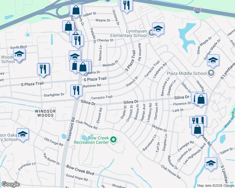 map of restaurants, bars, coffee shops, grocery stores, and more near 3440 Terrazzo Trail in Virginia Beach