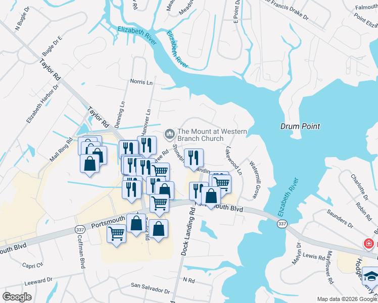 map of restaurants, bars, coffee shops, grocery stores, and more near 2430 Meadows Landing in Chesapeake