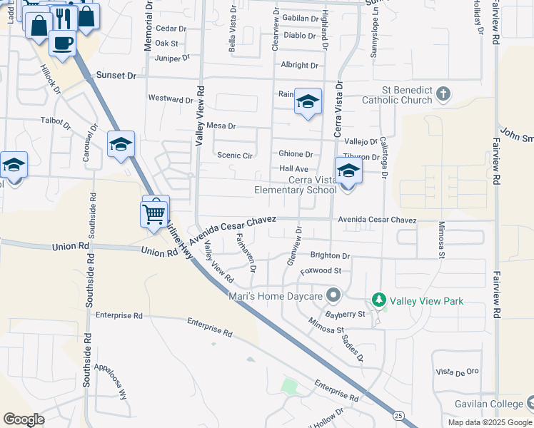 map of restaurants, bars, coffee shops, grocery stores, and more near 2180 Clearview Drive in Hollister