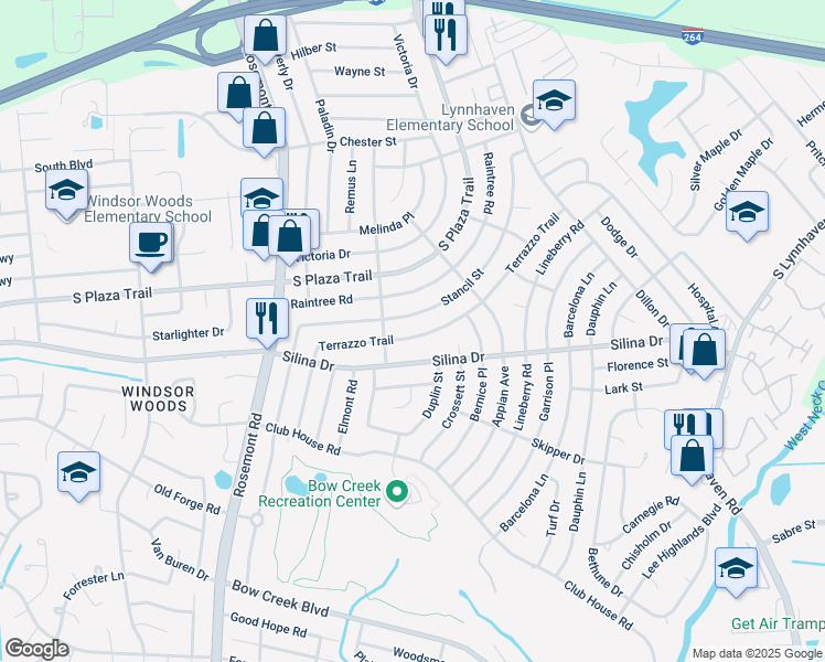 map of restaurants, bars, coffee shops, grocery stores, and more near 3440 Terrazzo Trail in Virginia Beach