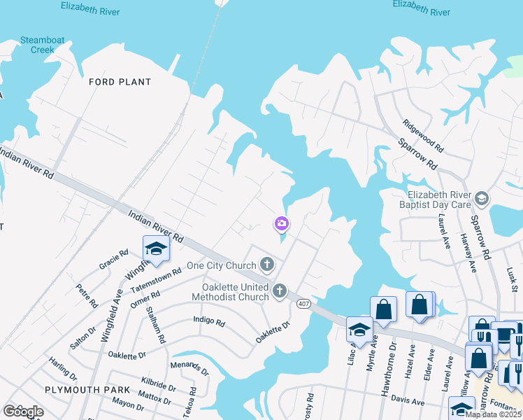 map of restaurants, bars, coffee shops, grocery stores, and more near 337 Kemp Lane East in Chesapeake