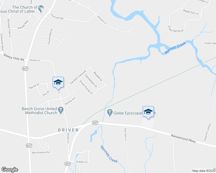 map of restaurants, bars, coffee shops, grocery stores, and more near 1131 Driver Pointe Court in Suffolk
