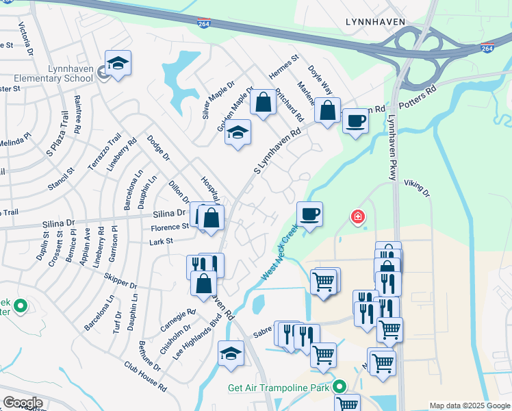 map of restaurants, bars, coffee shops, grocery stores, and more near 402 Nottinghill Park in Virginia Beach