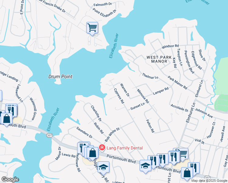 map of restaurants, bars, coffee shops, grocery stores, and more near 24 Cypress Road in Portsmouth
