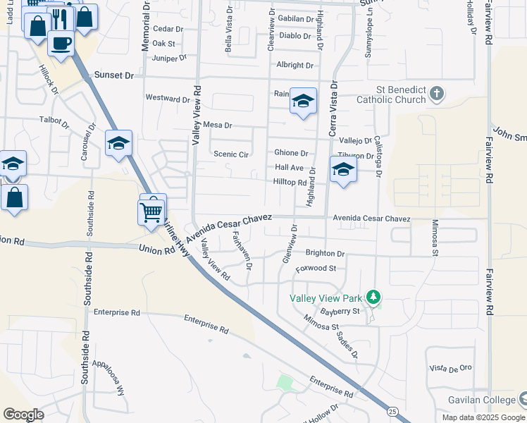 map of restaurants, bars, coffee shops, grocery stores, and more near 2180 Clearview Drive in Hollister