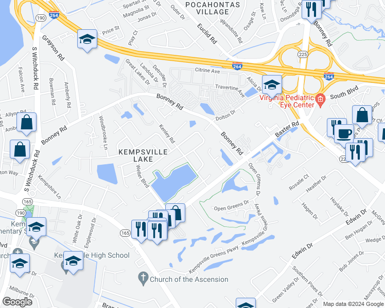 map of restaurants, bars, coffee shops, grocery stores, and more near 4514 Marlwood Way in Virginia Beach