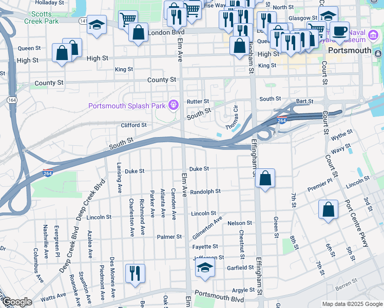 map of restaurants, bars, coffee shops, grocery stores, and more near 1320 Prentis Avenue in Portsmouth
