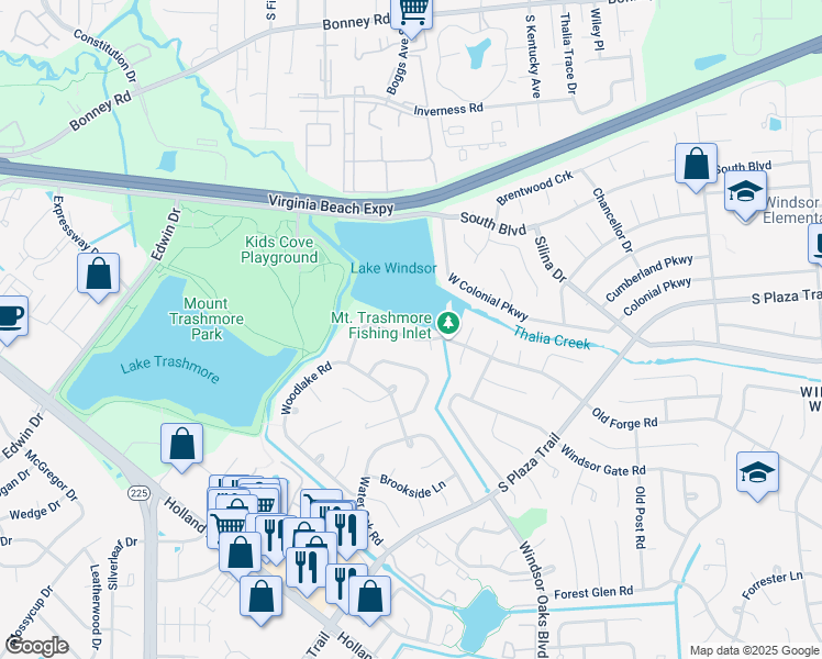 map of restaurants, bars, coffee shops, grocery stores, and more near 3992 Old Forge Road in Virginia Beach