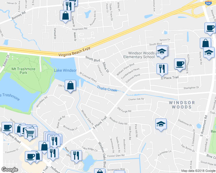 map of restaurants, bars, coffee shops, grocery stores, and more near 3937 West Colonial Parkway in Virginia Beach