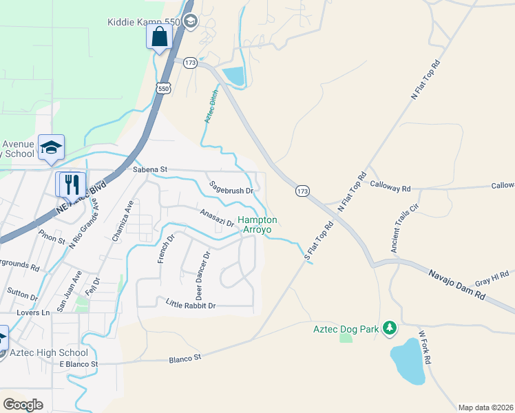 map of restaurants, bars, coffee shops, grocery stores, and more near 720 Sagebrush Dr in Aztec
