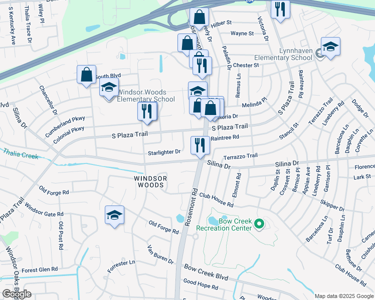 map of restaurants, bars, coffee shops, grocery stores, and more near 3621 Starlighter Drive in Virginia Beach