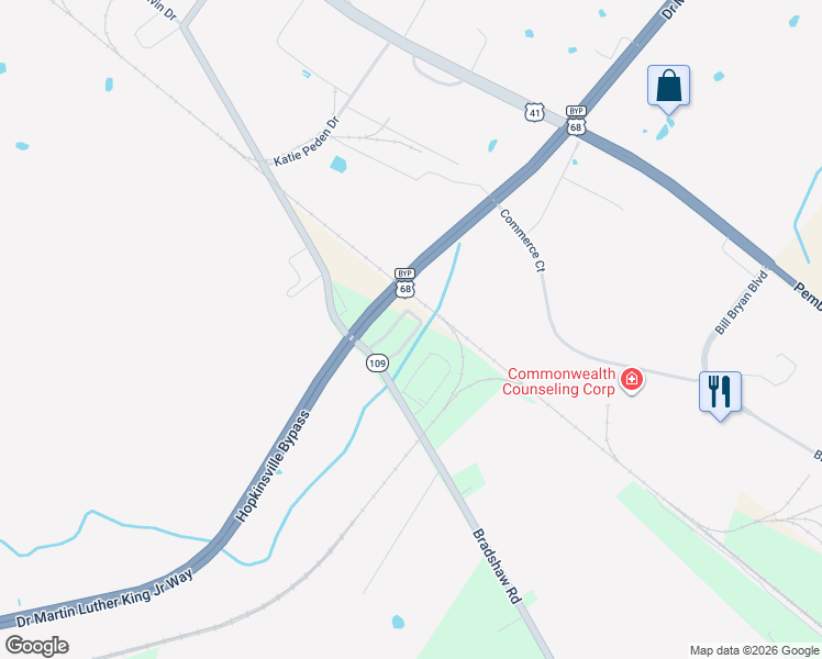 map of restaurants, bars, coffee shops, grocery stores, and more near 41 Yoakum Circle in Hopkinsville