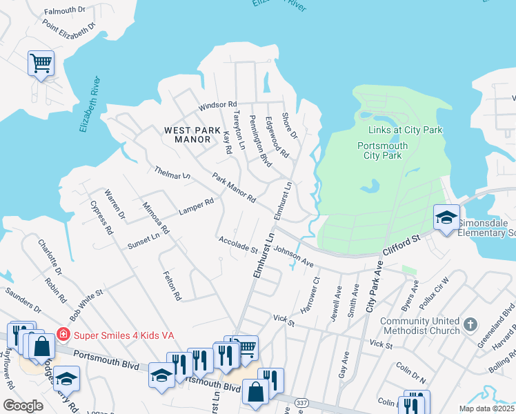 map of restaurants, bars, coffee shops, grocery stores, and more near 209 Park Manor Road in Portsmouth