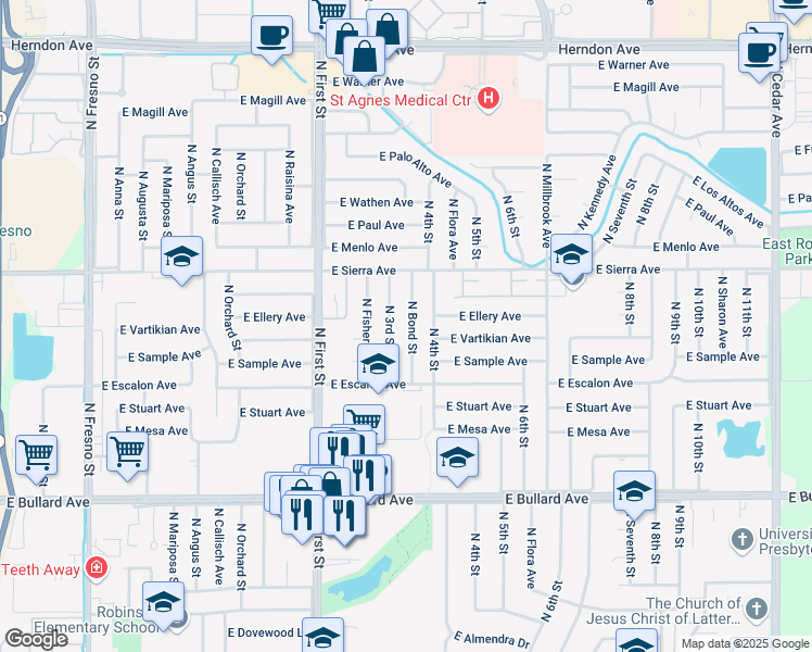 map of restaurants, bars, coffee shops, grocery stores, and more near 6269 North Bond Street in Fresno