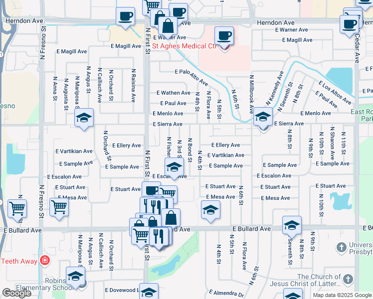 map of restaurants, bars, coffee shops, grocery stores, and more near 6269 North Bond Street in Fresno