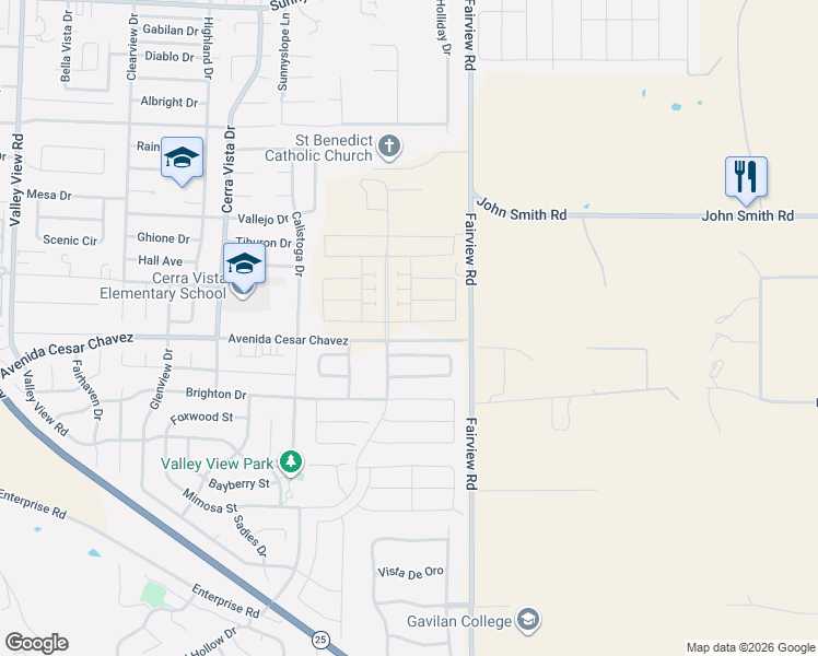map of restaurants, bars, coffee shops, grocery stores, and more near 2010 Wildflower Drive in Hollister