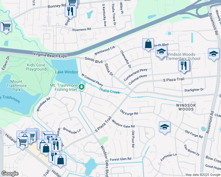 map of restaurants, bars, coffee shops, grocery stores, and more near 3937 West Colonial Parkway in Virginia Beach