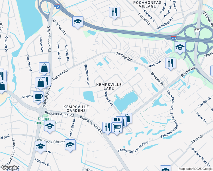 map of restaurants, bars, coffee shops, grocery stores, and more near 288 Weller Boulevard in Virginia Beach
