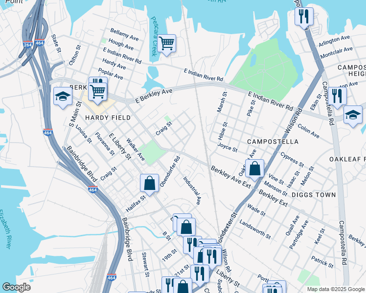 map of restaurants, bars, coffee shops, grocery stores, and more near 948 Berkley Avenue Extension in Norfolk