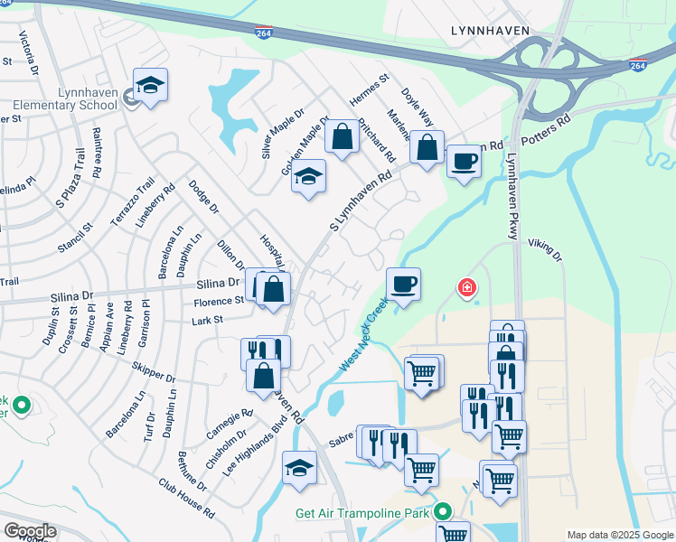 map of restaurants, bars, coffee shops, grocery stores, and more near 313 Rutherglen Muse in Virginia Beach