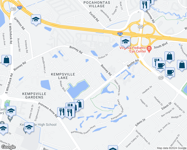 map of restaurants, bars, coffee shops, grocery stores, and more near 411 Greenview Dr in Virginia Beach