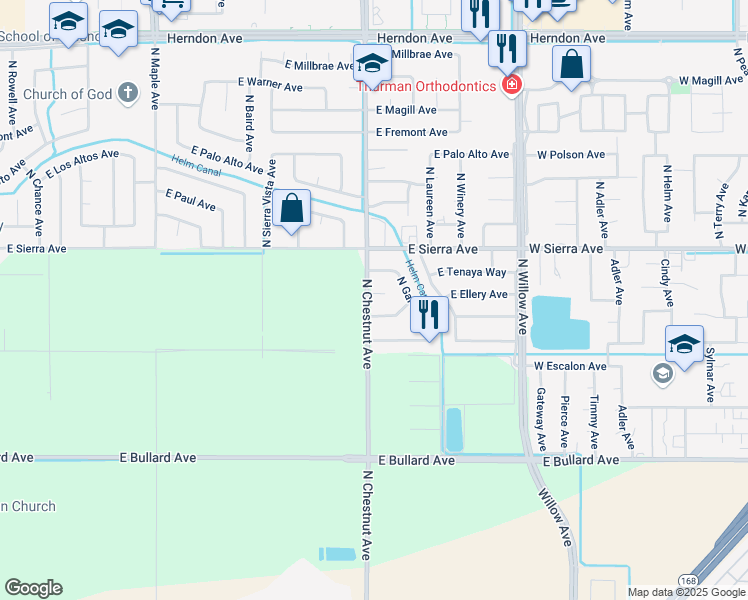 map of restaurants, bars, coffee shops, grocery stores, and more near 3016 East Vartikian Avenue in Fresno