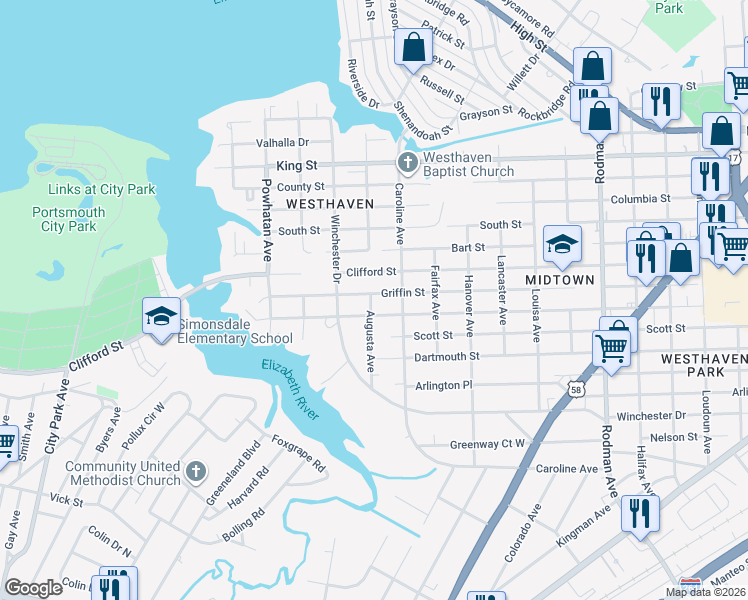 map of restaurants, bars, coffee shops, grocery stores, and more near 1210 Augusta Avenue in Portsmouth