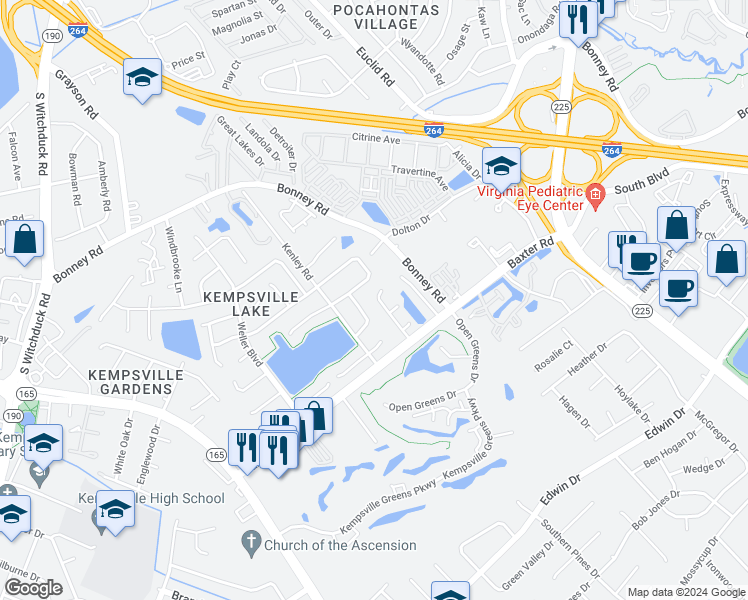 map of restaurants, bars, coffee shops, grocery stores, and more near 411 Greenview Dr in Virginia Beach