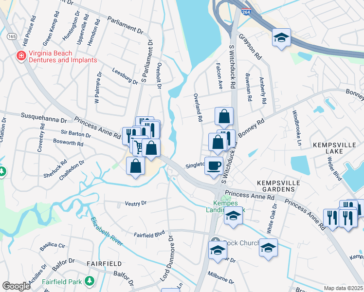 map of restaurants, bars, coffee shops, grocery stores, and more near 325 Overland Road in Virginia Beach
