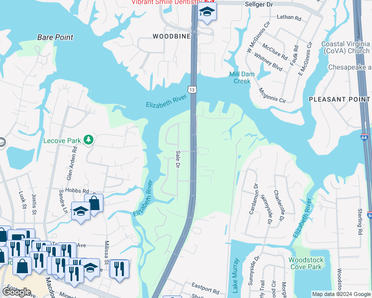 map of restaurants, bars, coffee shops, grocery stores, and more near 433 South Military Highway in Virginia Beach