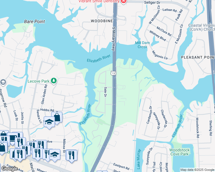map of restaurants, bars, coffee shops, grocery stores, and more near 3500 Sale Drive in Virginia Beach