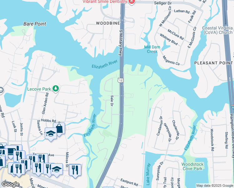 map of restaurants, bars, coffee shops, grocery stores, and more near 433 South Military Highway in Virginia Beach