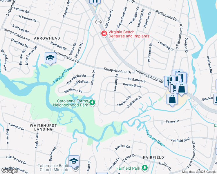 map of restaurants, bars, coffee shops, grocery stores, and more near 308 King Christian Road in Virginia Beach