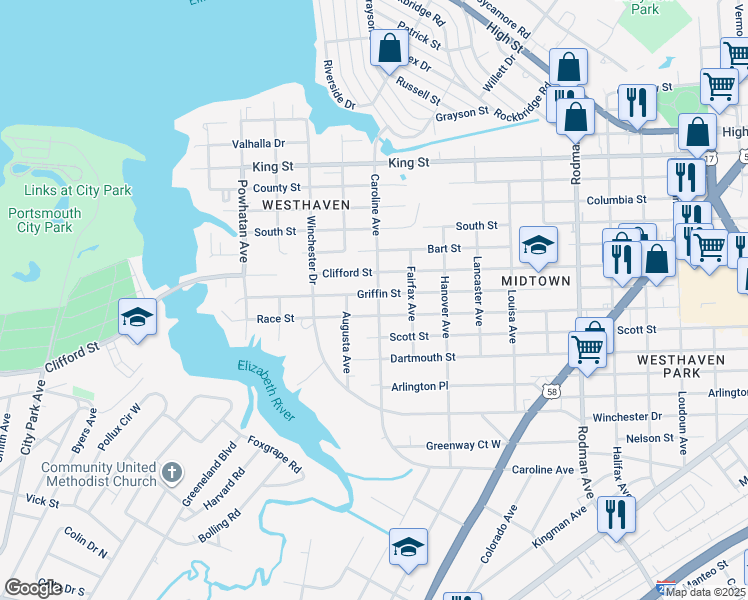 map of restaurants, bars, coffee shops, grocery stores, and more near 4505 Caroline Avenue in Portsmouth