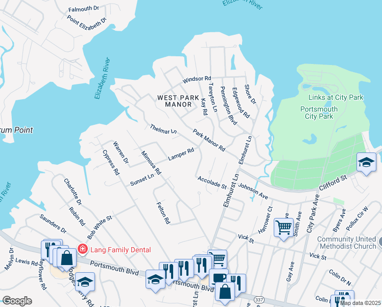 map of restaurants, bars, coffee shops, grocery stores, and more near 105 Lamper Road in Portsmouth