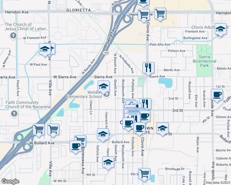 map of restaurants, bars, coffee shops, grocery stores, and more near 150 Dewitt Avenue in Clovis