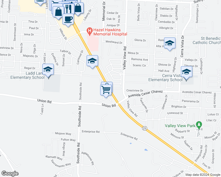 map of restaurants, bars, coffee shops, grocery stores, and more near 11 Valaire Drive in Hollister