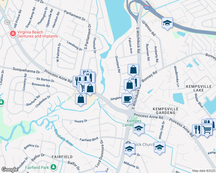 map of restaurants, bars, coffee shops, grocery stores, and more near 325 Overland Road in Virginia Beach