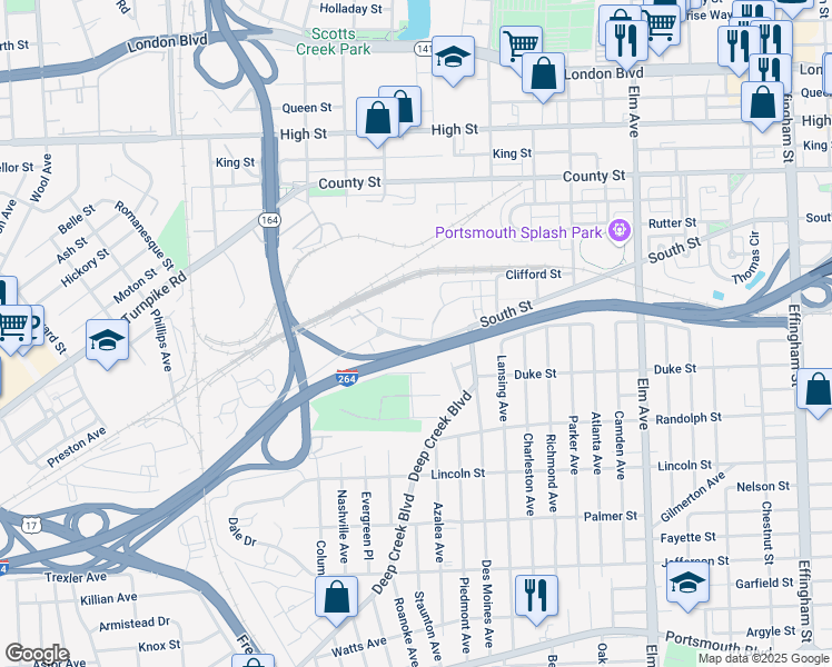 map of restaurants, bars, coffee shops, grocery stores, and more near 2204 South Street in Portsmouth