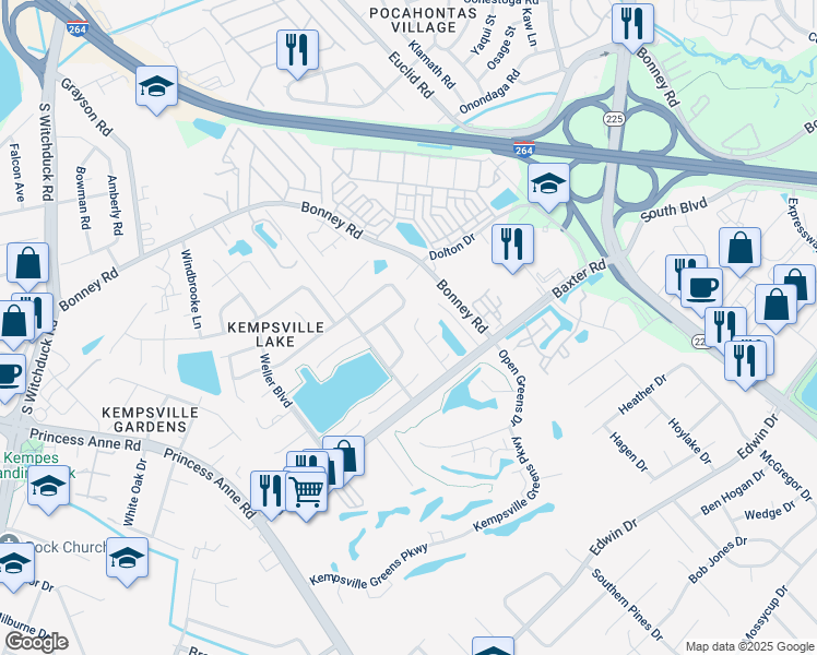 map of restaurants, bars, coffee shops, grocery stores, and more near 409 Greenview Drive in Virginia Beach